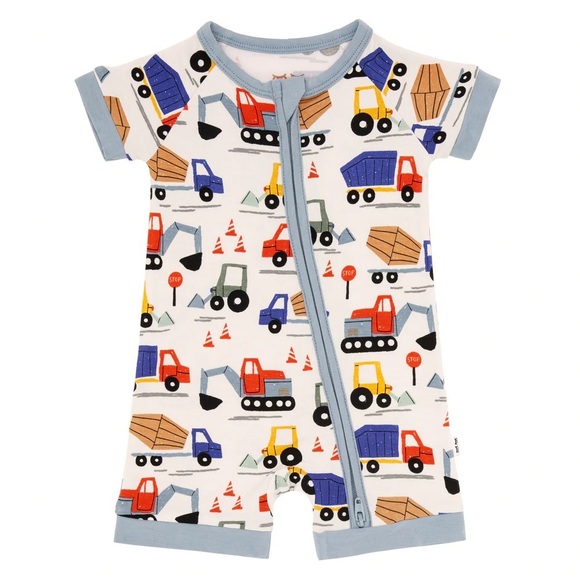 Little Sleepies Other - Little Sleepies shorty zippy construction vehicles romper bamboo baby boy trucks
